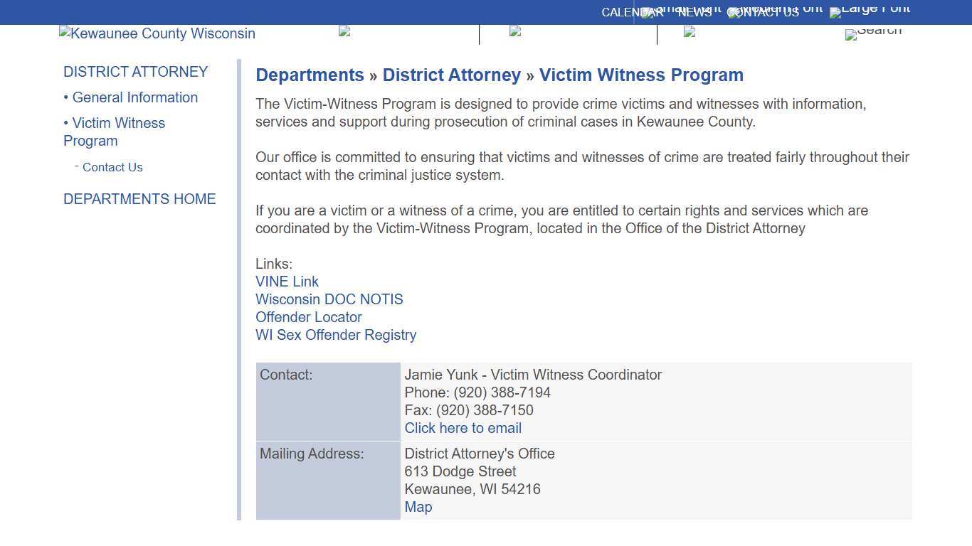 Kewaunee County | Departments » District Attorney » Victim Witness Program